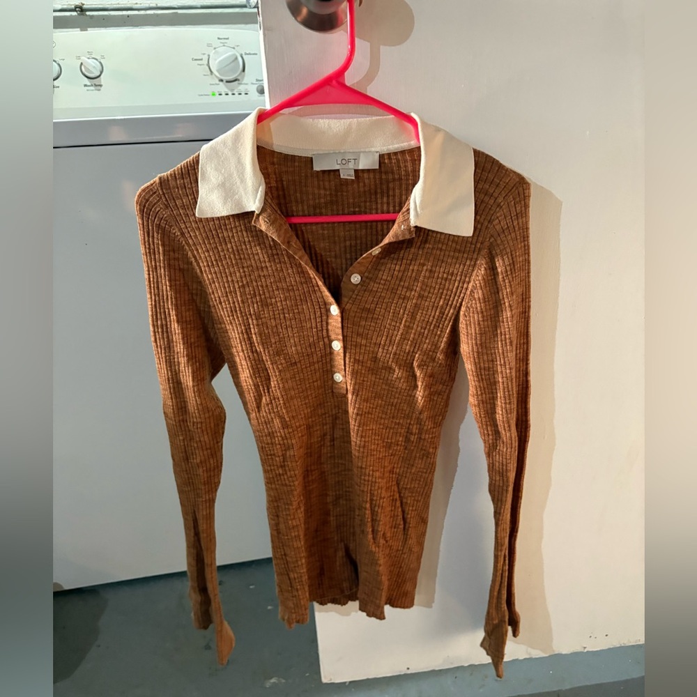 LOFT Brown Ribbed Button Down Shirt